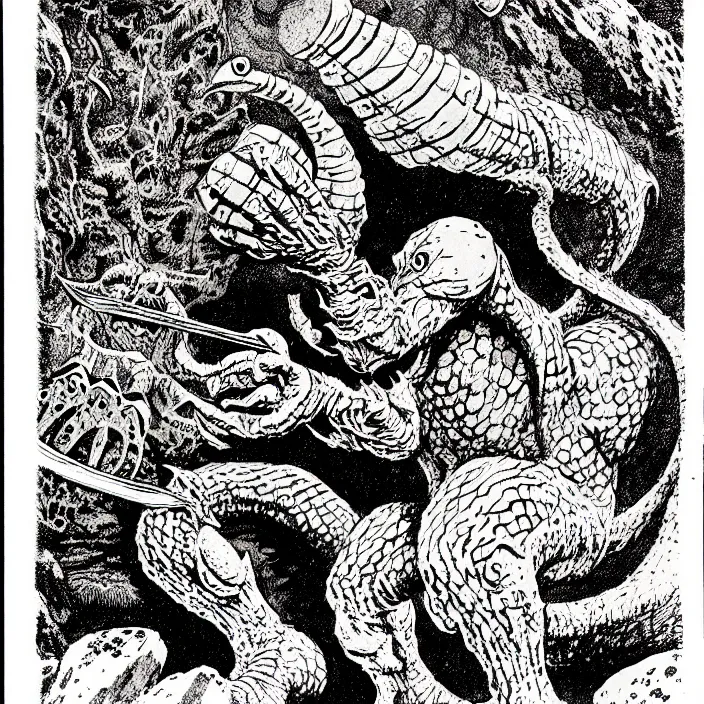 Prompt: an octorok spitting rocks, as a d & d monster, pen - and - ink illustration, etching, by russ nicholson, david a trampier, larry elmore, 1 9 8 1, hq scan, intricate details, high contrast