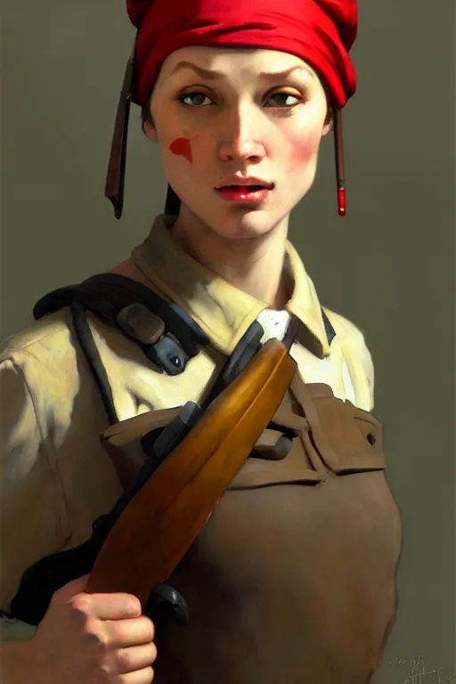 Image similar to team fortress 2 scout the girl with the pearl earring as the team fortress 2 scout team fortress 2 scout team fortress 2 scout, painting by gaston bussiere, katsuya terada, nc wyeth, greg rutkowski, craig mullins, vermeer, frank frazetta, mucha, tom of finland, trending on artstation