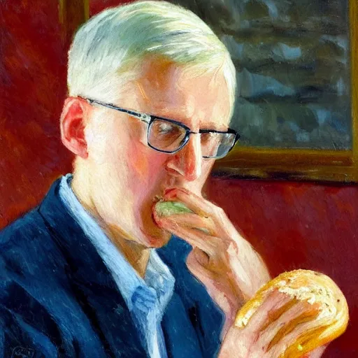 Prompt: An impressionist oil painting of Carl Bildt eating a doughnut