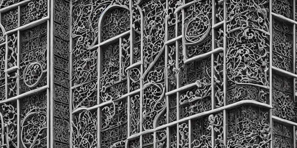 Image similar to elevational photograph of a modern building by Louis Sullivan and H.R. Giger covered in black ironwork vines, Sigma 75mm, ornate, very detailed, hyperrealistic, liminalspaces, Symmetrical composition, centered, intricate, Extreme Long Shot, Dynamic Range, HDR, chromatic aberration, Orton effect, 8k