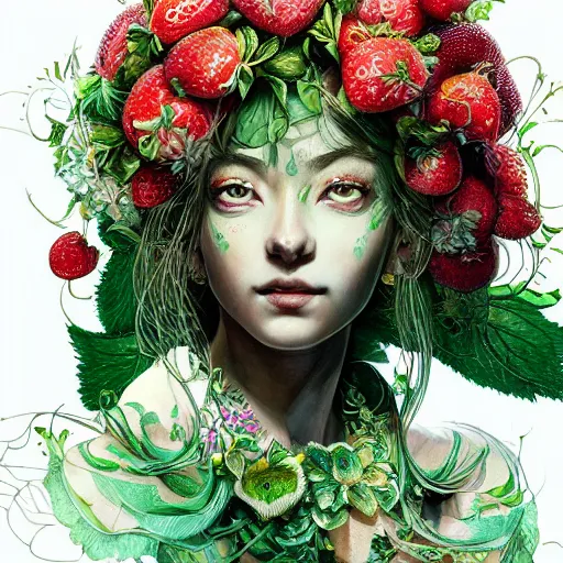 Image similar to the portrait of an absurdly beautiful, graceful, elegant, chaste, young woman made of strawberries and green petals looking up, an ultrafine detailed illustration by kim jung gi, irakli nadar, intricate linework, bright colors, octopath traveler, final fantasy, angular, unreal engine 5 highly rendered, global illumination, radiant light, detailed and intricate environment