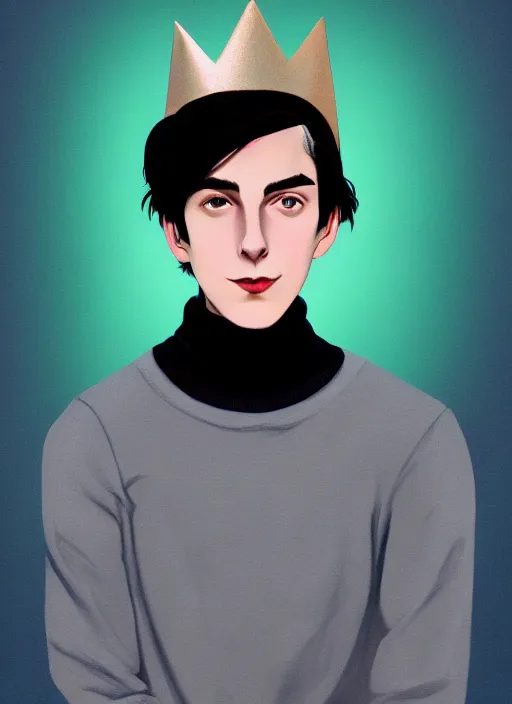 Image similar to portrait of teenage jughead jones wearing a light grey crown, crown, blue turtleneck, 1 9 5 0 s, closed eyes, photorealistic, black hair, glowing lighting, intricate, elegant, glowing lights, highly detailed, digital painting, artstation, concept art, smooth, sharp focus, illustration, art by wlop, mars ravelo and greg rutkowski