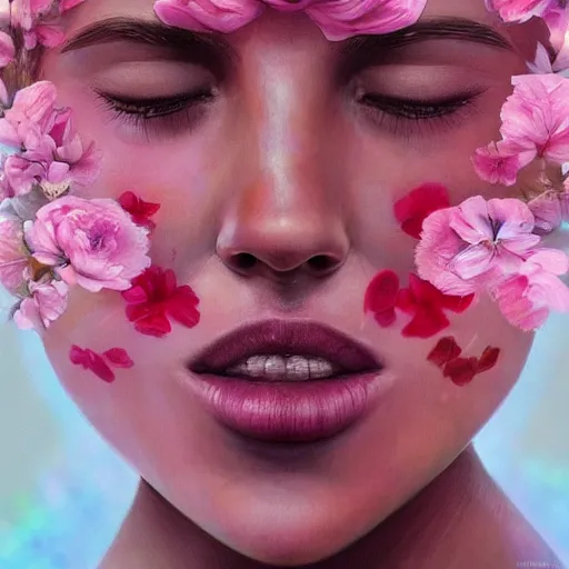 Image similar to flower pedals face hyperrealistic portrait, photo realistic, poster, artstation, volumetric lighting, digital art, very detailed face by magali villeneuve