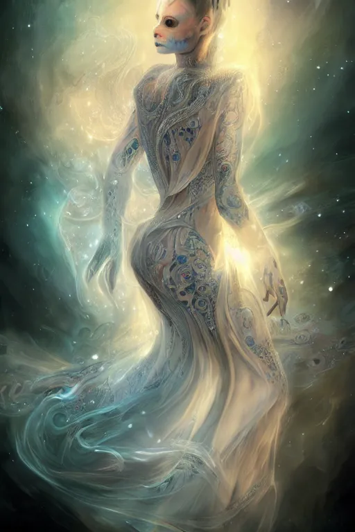 Image similar to a wlop 3 d render of very very very very highly detailed beautiful mystic portrait of a phantom undead ballerina with whirling galaxy around, tattoos by anton pieck, intricate, extremely detailed, flowing dress, digital painting, artstation, concept art, smooth, sharp focus, illustration, intimidating lighting, incredible art,