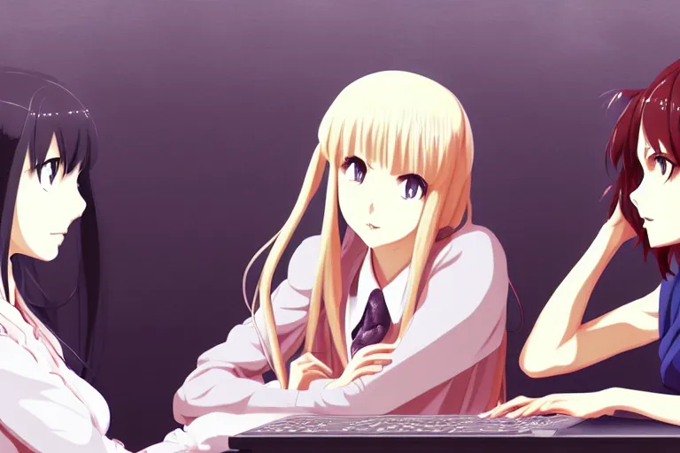 Image similar to portrait of two wise and very beautiful women discussing some texts appearing in a computer screen, art by ufotable, matte, intricate, elegant, highly detailed, smooth, sharp focus, artstation