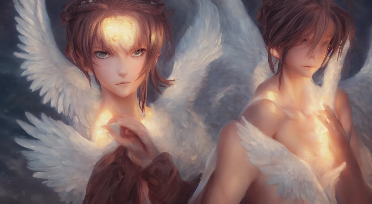 Image similar to an oil painting of a beautiful anime girl with angel wings, by artgerm, wlop and greg rutkowski, hd, hdr, ue 5, ue 6, unreal engine 5, cinematic 4 k wallpaper, 8 k, ultra detailed, high resolution, artstation, award winning