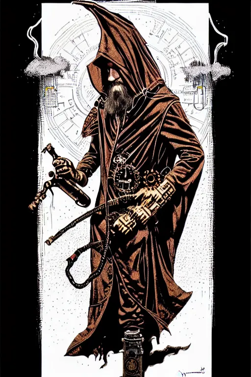 Image similar to cloaked steampunk wizard making a magic potion, high details, intricately detailed, by vincent di fate, inking, 3 color screen print, masterpiece, trending on artstation,, sharp, details, hyper - detailed, hd, 4 k, 8 k