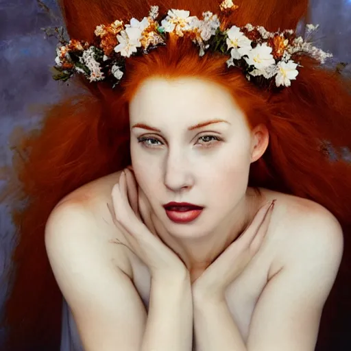 Image similar to !dream Fine art photo of the most beautiful woman, she is redhead, she is posing while maintain a sweet eye contact to the camera, she has a crown of flowers, she has perfect white teeths, the photo was taking by Annie Leibovitz, matte painting, oil painting, naturalism