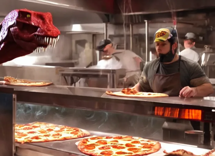 Image similar to film still of a dinosaur working in a pizza parlor making pizza in the new Avengers movie, 4k