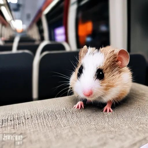 Image similar to photo of a metro train interior, a tiny hamster is sitting on a seat, various poses, unedited, soft light, sharp focus, 8 k