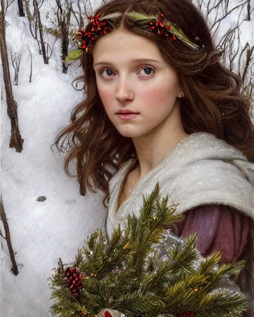 Image similar to a realistic candlelit portrait painting of a thoughtful girl resembling a young, shy, redheaded alicia vikander or millie bobby brown wearing a christmas wreath in her hair and peasant dress carrying a candle in a deep snow - covered forest at night, highly detailed, intricate, concept art, artstation, by donato giancola, alphonse mucha, and william bouguereau