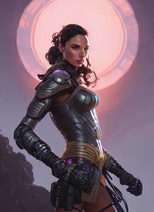 Image similar to portrait of apex legends, gal gadot, intricate, elegant, glowing lights, highly detailed, digital painting, artstation, glamor pose, concept art, smooth, sharp focus, illustration, art by artgerm and greg rutkowski, artey freytag