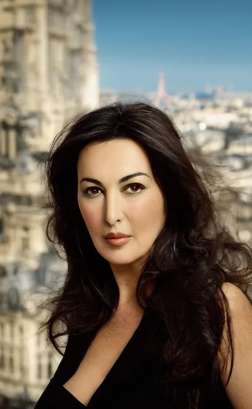 Prompt: portrait of monica bellucci , 3/4 view realistic, detailed, diffuse sunlight, soft lights, bokeh Paris in background