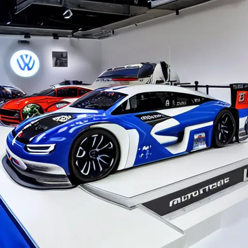 Prompt: a volkswagen concept racecar with agressive design in a showroom