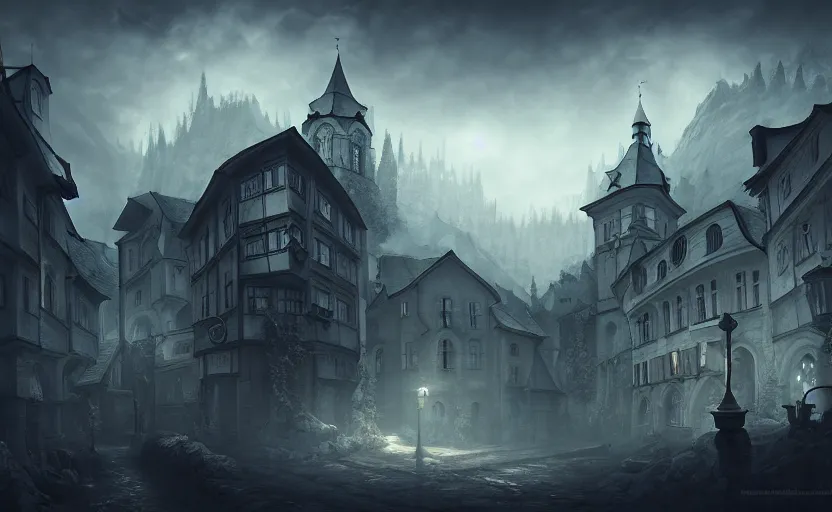 Image similar to extreme long shot concept art depicted old austrian enchanted town, dramatic mood, overcast mood, dark fantasy environment, league of legends, arcane, trending on artstation, unreal engine, golden ratio, spectacular composition, realistic architecture