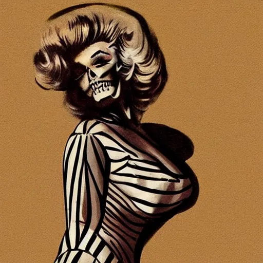 Image similar to “ skeleton posing in post war pinup in the style of marilyn monroe, fallout, highly detailed, highly defined ”