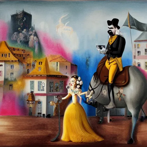 Image similar to picture with abstract elements, man with moustache following princess in the town from 18th century by salvador dali, 4k, painting, artstation