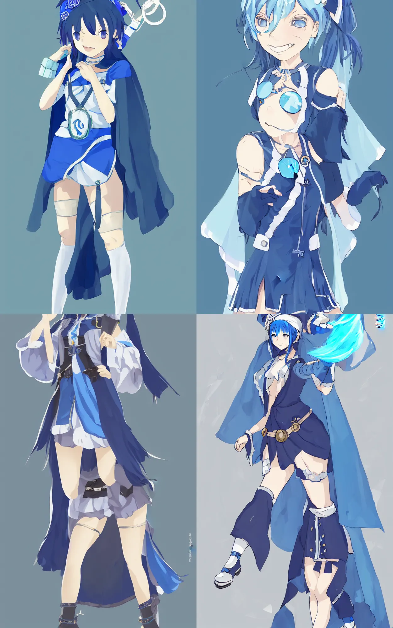 Prompt: a blue-haired traveller, alchemist girl, short hair, wearing a headband, short pale tunic and white stockings, high boots, azure cape, anime character; in the Japanese fantasy videogame; character concept art; trending on artstation, highly detailed, clean lineart, vector line art, clean, by Ilya kuvshinnikov