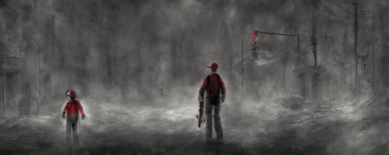 Image similar to concept art of mario trapped in silent hill, resident evil, horror, occult, terror, mist, volumetric render, digital painting, detailed painting