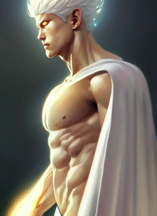 Prompt: ultra realistic illustration, handsome saitama. white cape, intricate, elegant, highly detailed, digital painting, artstation, concept art, smooth, sharp focus, illustration, art by artgerm and greg rutkowski and alphonse mucha and wlop