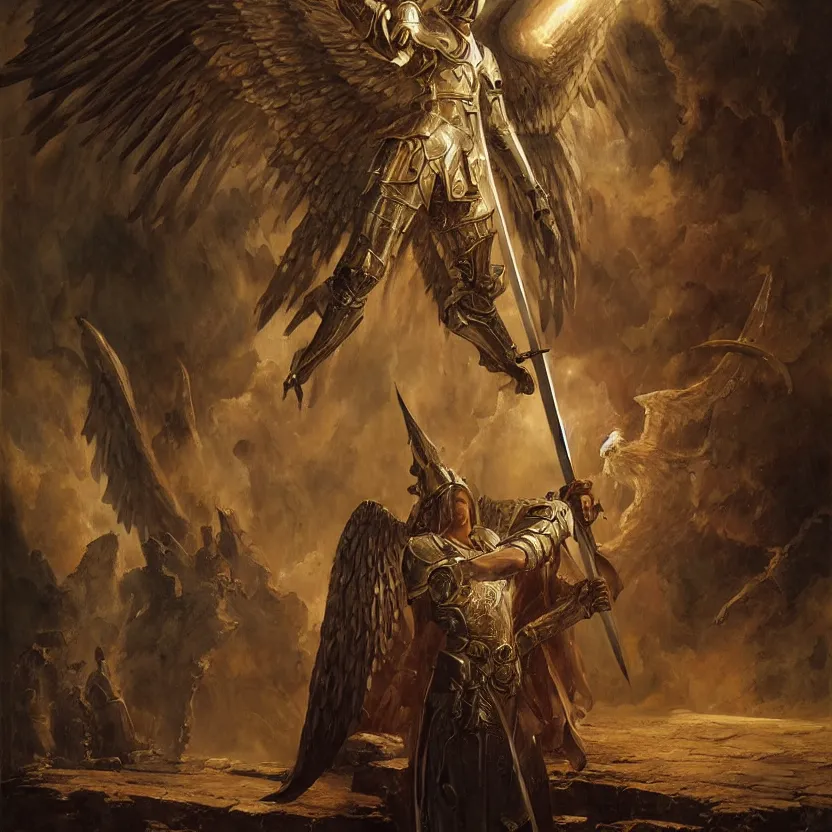 Image similar to painting of a powerful angel in medieval knights armory and white wings sitting on an enormous sword throne. cinematic lighting, atmospheric lighting, haunted, terrifying atmosphere by greg rutkowski, evelyn de morgan, bruce pennington.