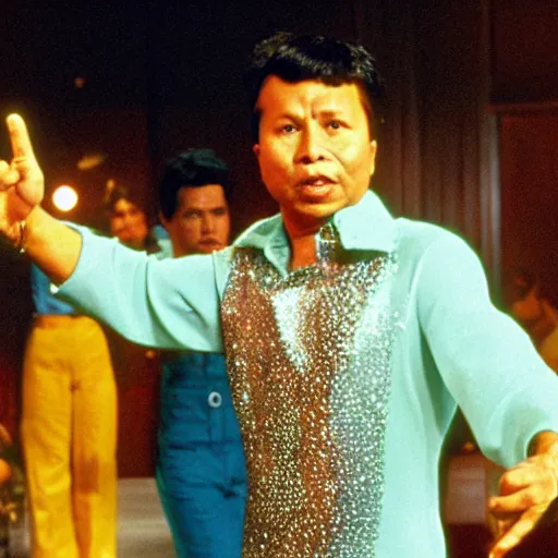 Image similar to A movie still of Pol Pot wearing a disco suit in Satuday Night Fever