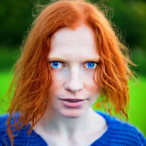 Prompt: close up portrait photograph of a ginger woman with polish descent, with deep blue eyes. Wavy long hair. she looks directly at the camera. Slightly open mouth, with a park visible in the background. 55mm nikon. Intricate. Very detailed 8k texture. Sharp. Cinematic post-processing. Award winning portrait photography. Sharp eyes.