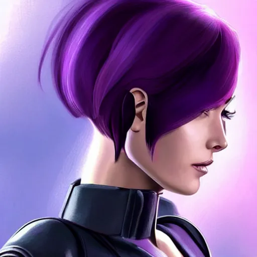 Image similar to A combination of Grace Kelly's and Katheryn Winnick's and Ashley Greene's faces with short violet hair as Motoko Kusanagi from Ghost in The Shell, cyberpunk style, synthwave aesthetic, fantasy, intricate, elegant, highly detailed, digital painting, artstation, concept art, matte, sharp focus, illustration, half body portrait, art by Artgerm and Greg Rutkowski and Alphonse Mucha