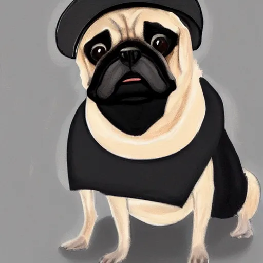 Image similar to a gentleman pug wearing a black jacket and a cap, art station