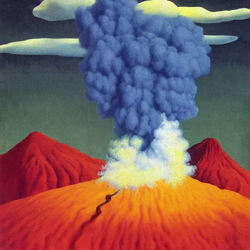 Image similar to volcano base detailed painting by rene magritte