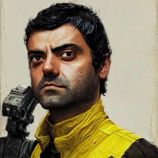 Prompt: portrait of a man by greg rutkowski, he looks like oscar isaac, star wars expanded universe, he is about 3 0 years old, wearing yellow and black starfighter pilot uniform from the outer planets association.