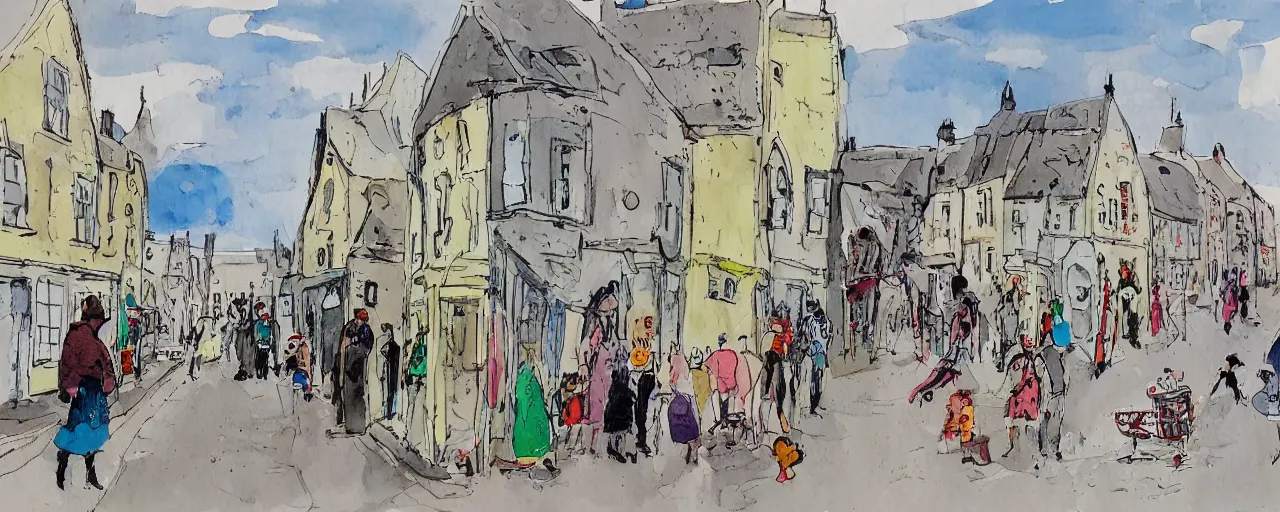 Prompt: a painting of street life in kirkwall orkney, by Quentin Blake