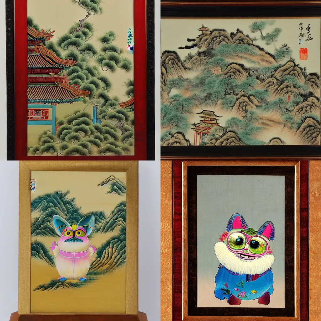 Prompt: a landscape painting with a Furby in a traditional Chinese style
