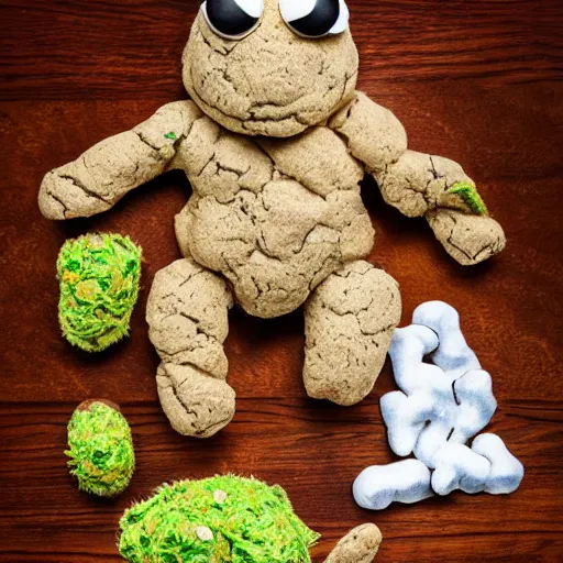 Image similar to cookie monsta plush made of weed buds eating a cookie photography portrait stylised jonathan zawada lit from multiple angles soft