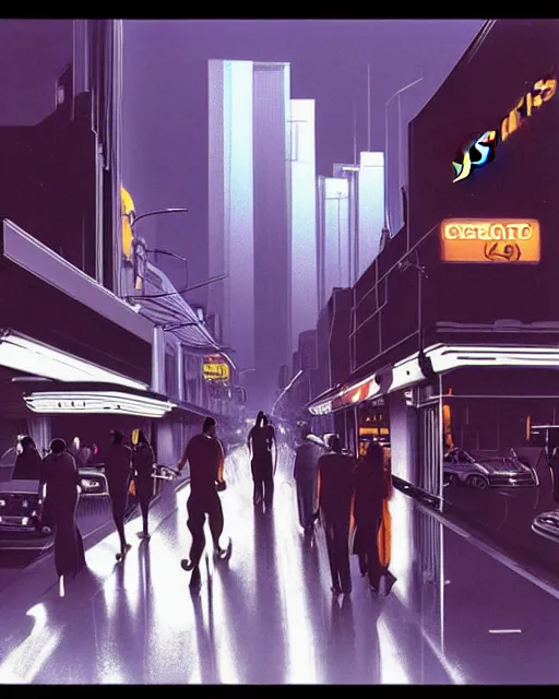 Prompt: futuristic los angeles street scene, busy, dark, moody, ambient lighting, syd mead