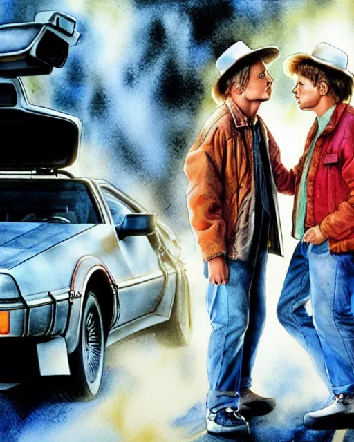 Image similar to photorealistic watercolor for a new poster for back to the future, in the style of steve hanks