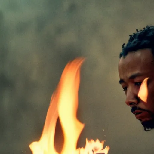 Image similar to cinematic film still of Kendrick Lamar starring as a Japanese Sensei with fire, Japanese CGI, VFX, 2003, 40mm lens, shallow depth of field, film photography