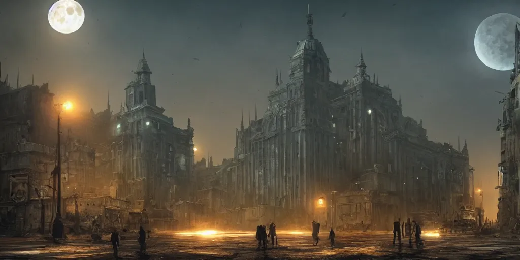 Image similar to a cinematic movie scene, 2 0 0 mm wide shot, a post - apocalyptic city with monuments, a dark yellow moon, bustling with people and flying cars, gothic environment, detailed illustration, sharp focus, concept art, unreal engine, octane render, god rays h 7 6 8