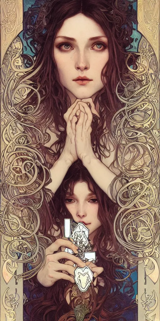 Image similar to realistic detailed face portrait of only one werewolf by Alphonse Mucha, Ayami Kojima, Amano, Charlie Bowater, Karol Bak, Jean Delville, Art Nouveau, Neo-Gothic, gothic, portrait of Mia Farrow, playing card suit hearts, playing cards, rich deep moody colors