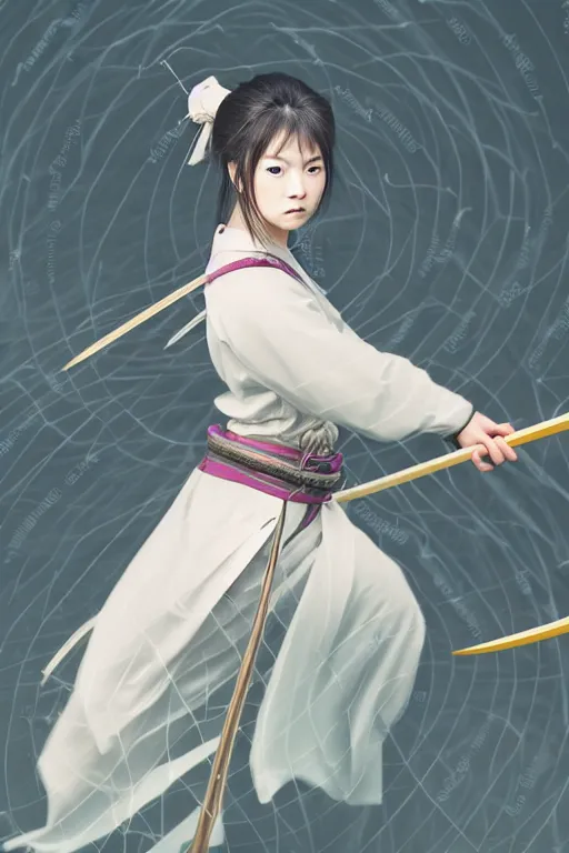 Image similar to highly detailed beautiful photo of a young female samurai, practising sword stances, symmetrical face, beautiful eyes, realistic anime art style, 8 k, award winning photo, pastels colours, action photography, 1 / 1 2 5 shutter speed, dramatic lighting