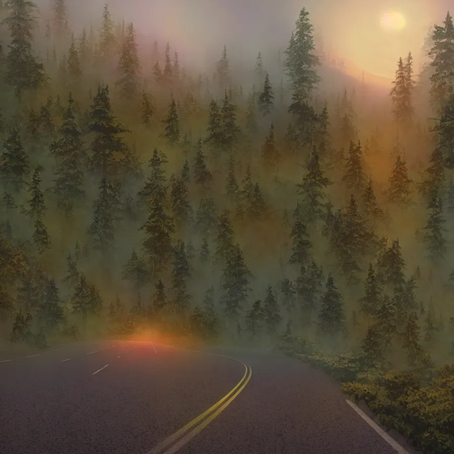 Prompt: surrealist abstract art of a highway road leading to the horizon through a thick giant forest down a rocky mountain coast towards a majestic sunset. atmospheric foggy landscape, soft tones, psychedelic, ultra realistic, concept art, modern art, photorealistic, octane render. art by nori inoguchi and sam kaplan and zachary goulko and christopher marley