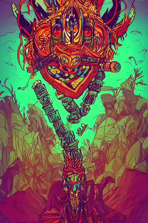 Image similar to totem animal tribal chaman vodoo mask feather gemstone plant video game illustration vivid color borderlands by josan gonzales and dan mumford radiating a glowing aura