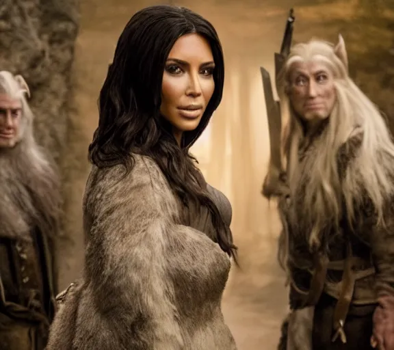 Image similar to a movie still of kim kardashian in the movie the hobbit