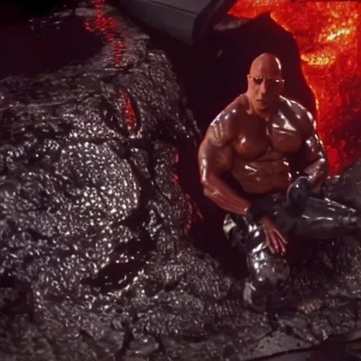 Image similar to film still of a cyborg dwayne johnson giving a thumbs - up while going inside a molten metal pool in terminator 2 1 9 9 1, epic, volumetric lighting, hd, 8 k