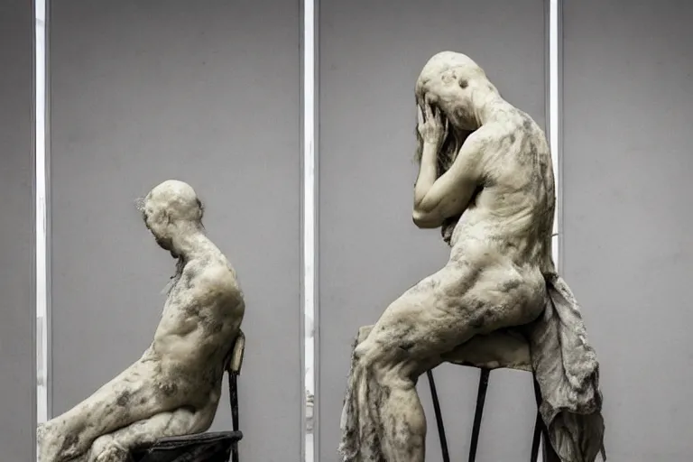 Image similar to a sculpture of a person sitting on top of a chair, a marble sculpture by nicola samori, behance, neo - expressionism, marble sculpture, apocalypse art, made of mist