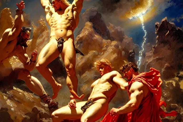 Prompt: zeus banishes ares from olympus, painting by gaston bussiere, craig mullins, j. c. leyendecker, tom of finland