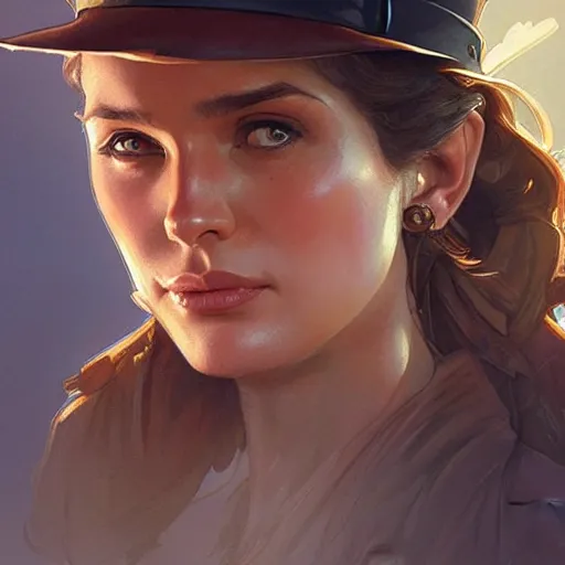 Image similar to female indiana jones, highly detailed, digital painting, artstation, concept art, sharp focus, illustration, art by artgerm and greg rutkowski and alphonse mucha