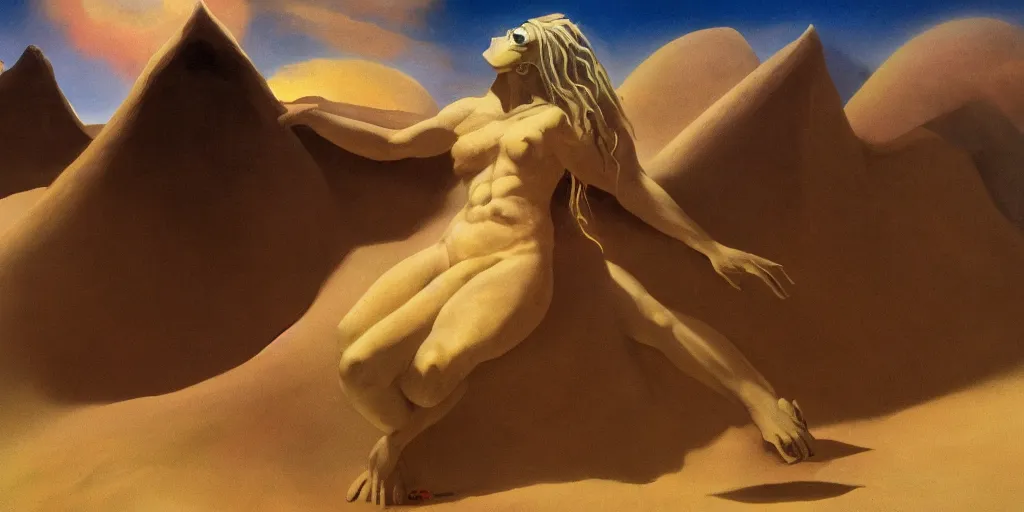 Prompt: solitude of beautiful Sand Deity, under surreal catastrophic sky, in the style of Frank Frazetta, Jeff Easley, Caravaggio, extremely clear and coherent, clear lines, 8K resolution