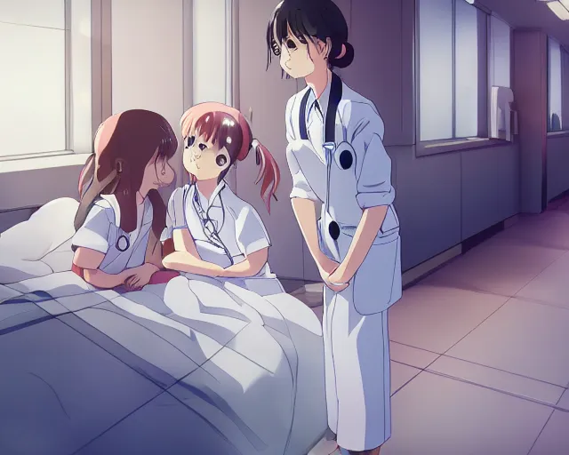 Image similar to a cute young female doctor wearing white coat are talking to a little girl with a blue shirt in a hospital, slice of life anime, vivid, anime scenery by Makoto shinkai