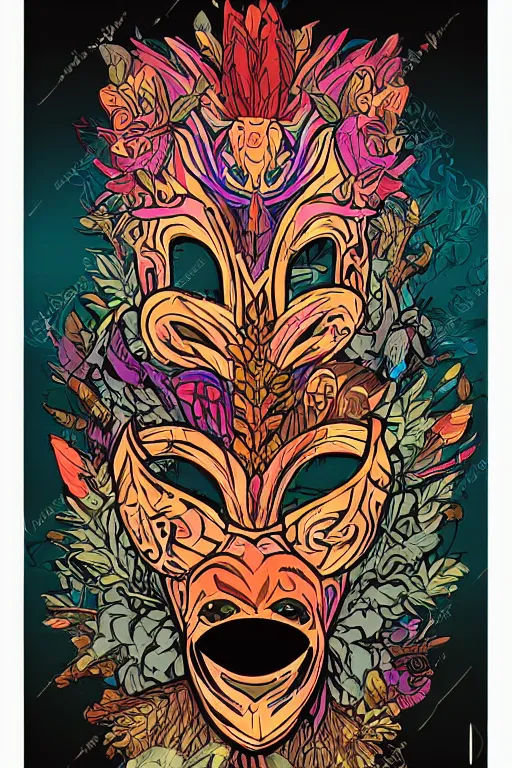 Image similar to animal mask totem roots flower tribal feather gemstone plant wood rock shaman vodoo video game vector cutout illustration vivid multicolor borderlands comics by josan gonzales and dan mumford radiating a glowing aura